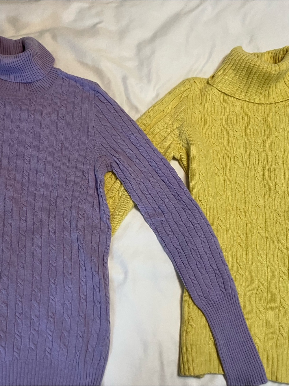 J. Crew Cable Knit Turtleneck Sweaters in Lavender and Lemon